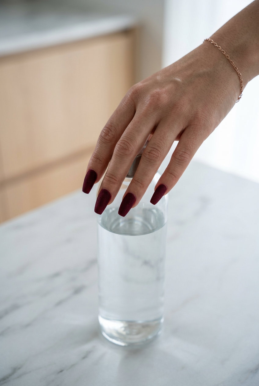 Deep burgundy textured matte nails for a bold party look. Summer red nails 2026.