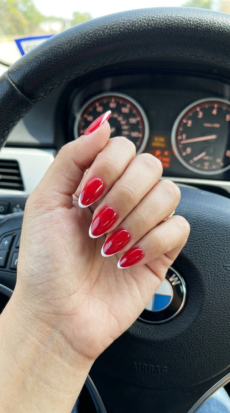 Bright cherry micro French nails for summer red nails 2026, elegant for weddings and events.
