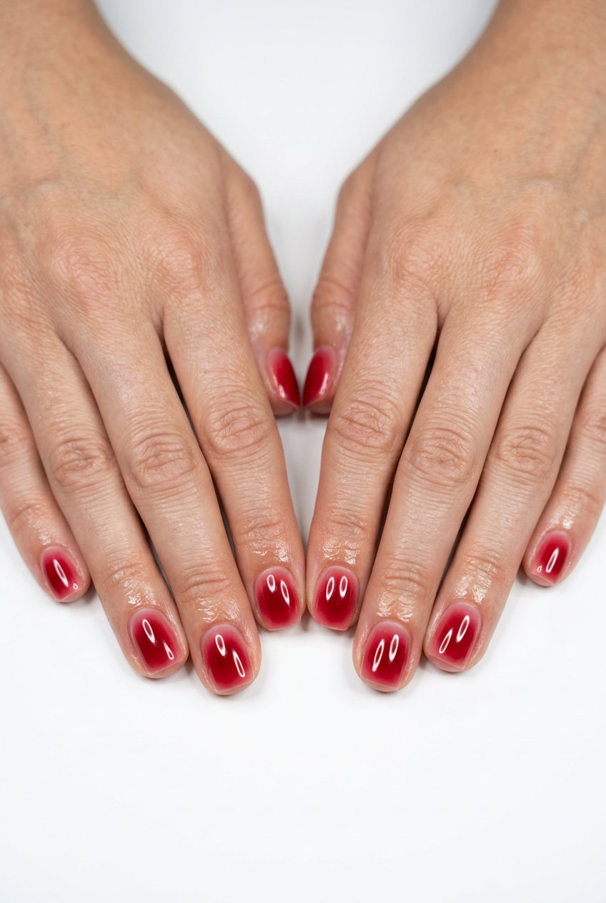 Cherry red aura gradient nails for summer 2026: soft pink transition on short square nails.
