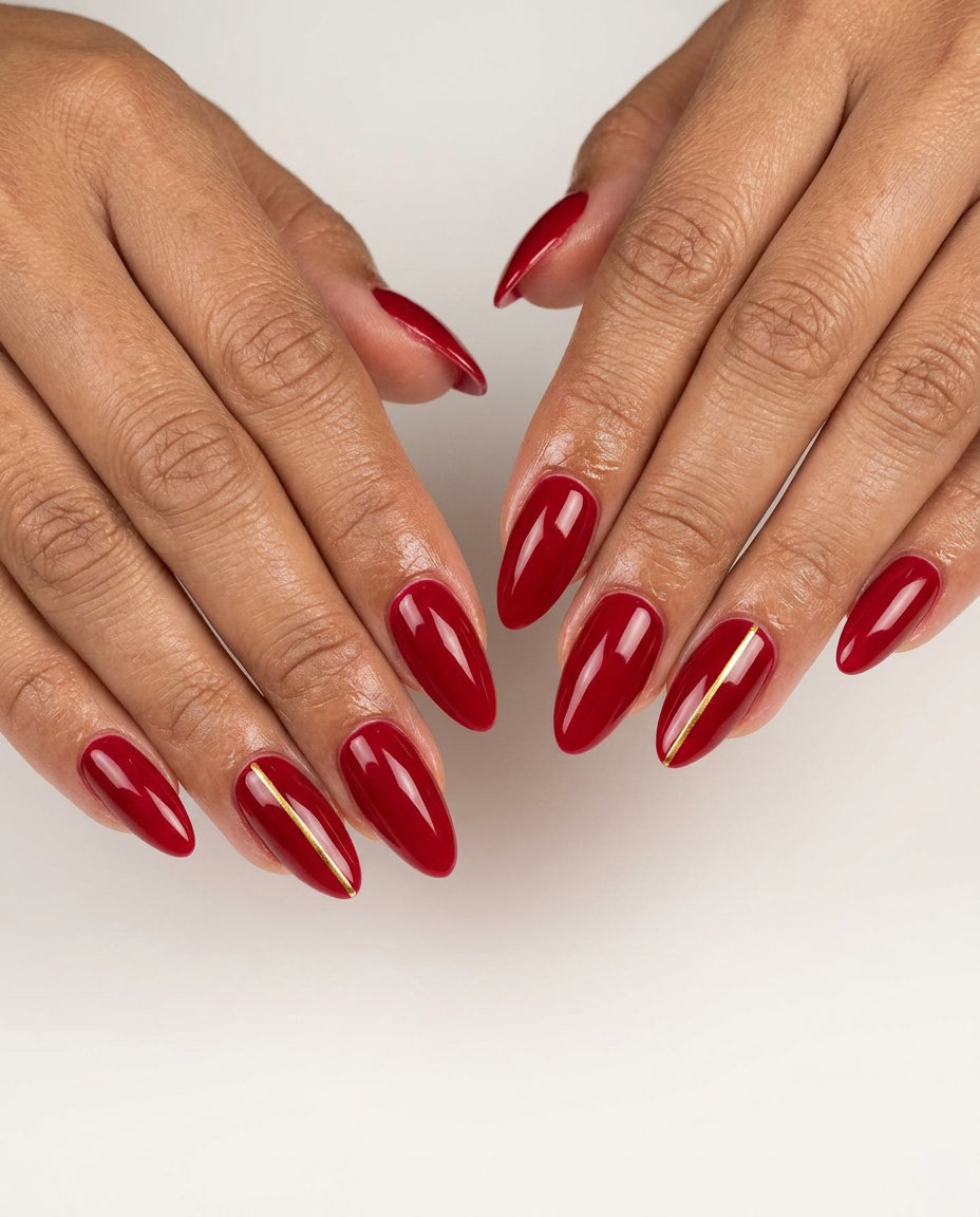 Chic summer red nails 2026: cherry red with a thin gold line accent.
