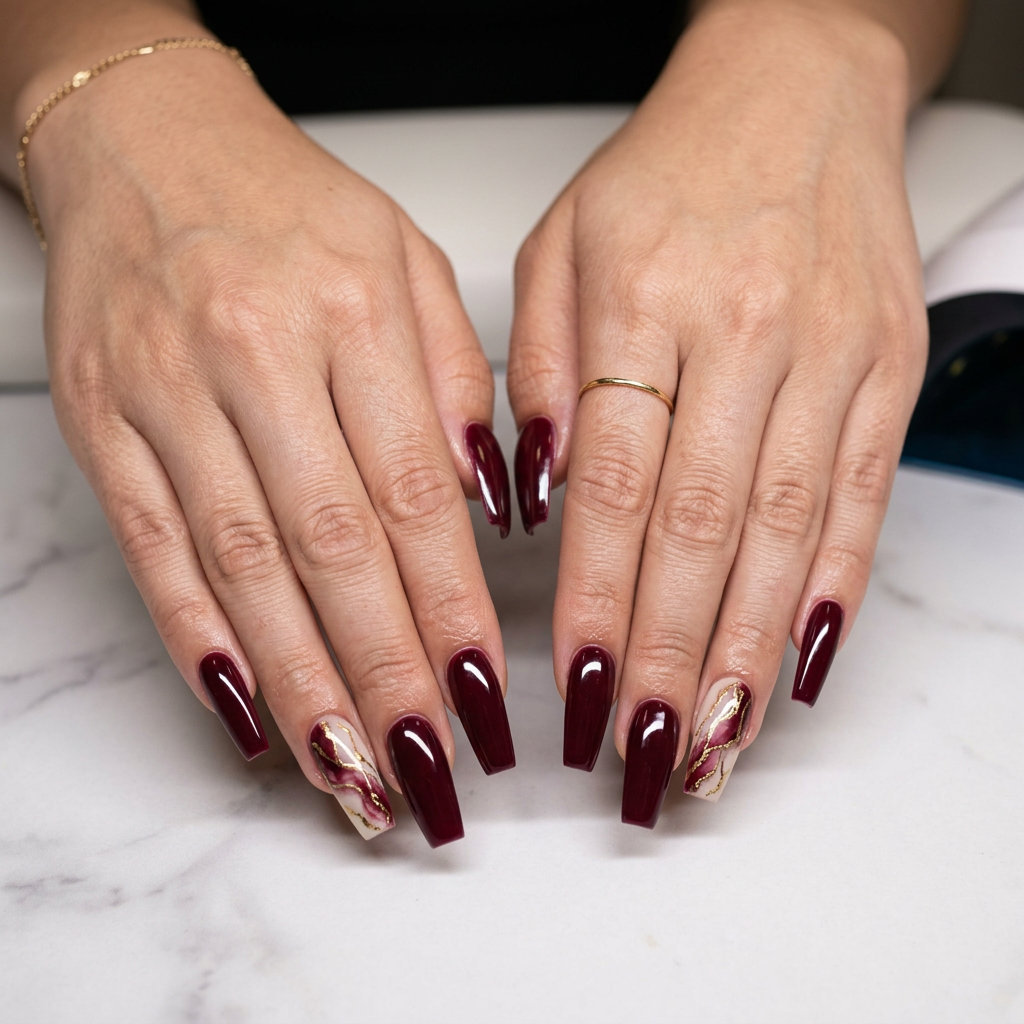 Sophisticated summer red nails 2026: deep burgundy marble on coffin nails.
