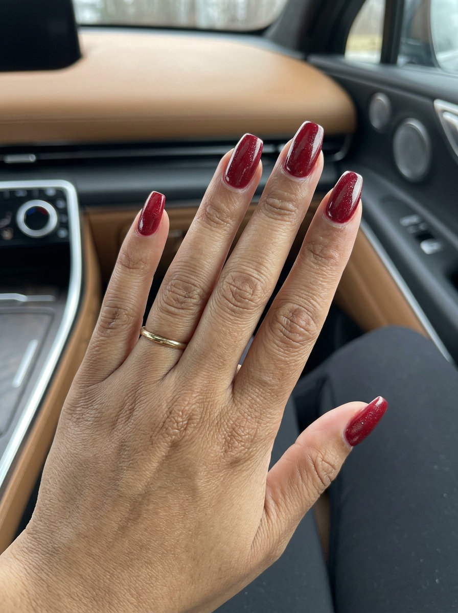 Deep red subtle shimmer nails for summer red nails 2026, refined for evening events.