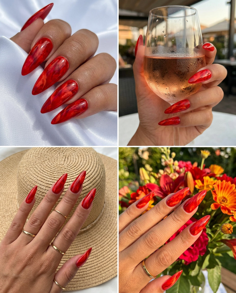 Fiery red abstract marble nails for a bold festival look. Summer red nails 2026.