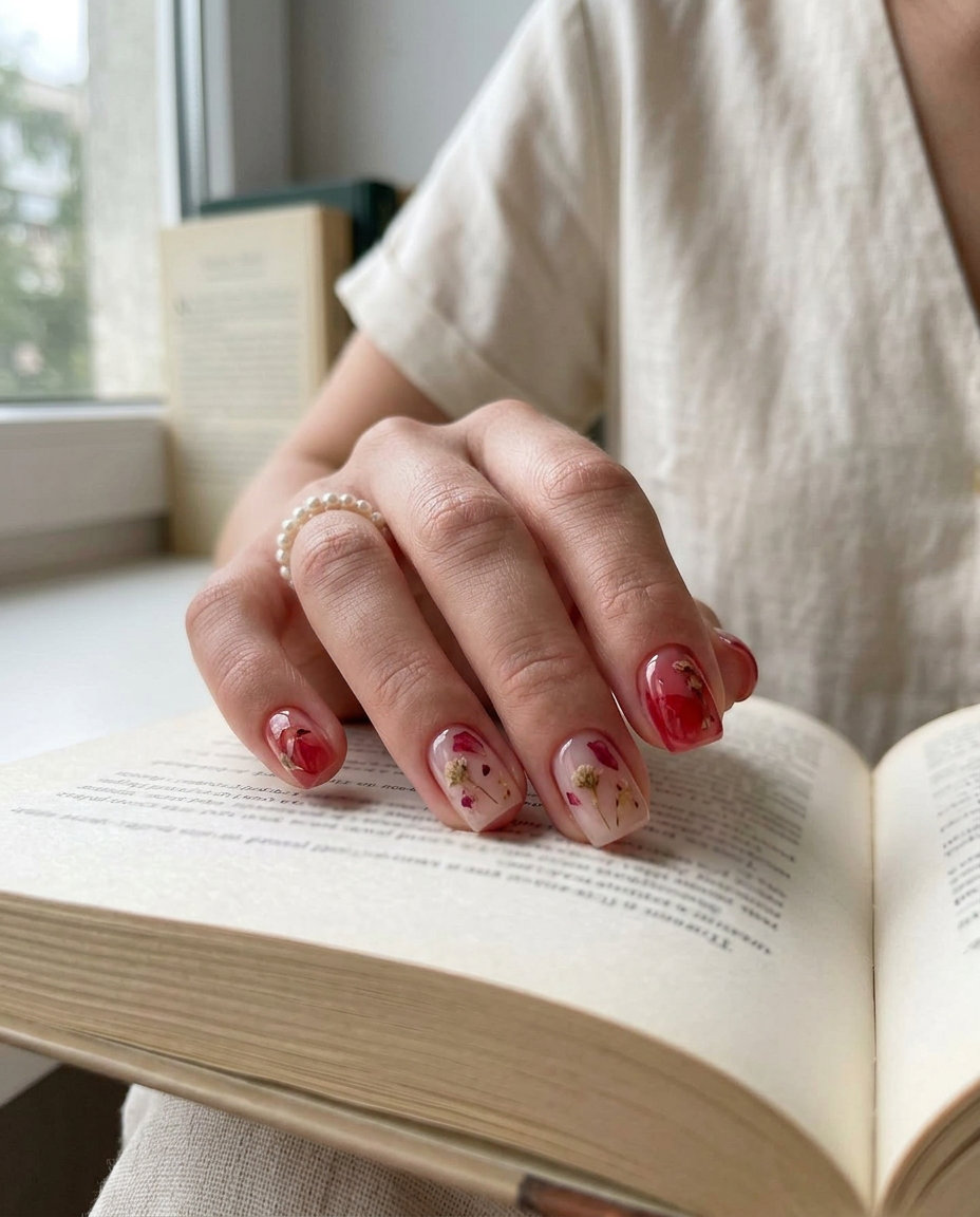 Sheer red milk bath nails with dried flowers for summer red nails 2026, perfect for weddings.