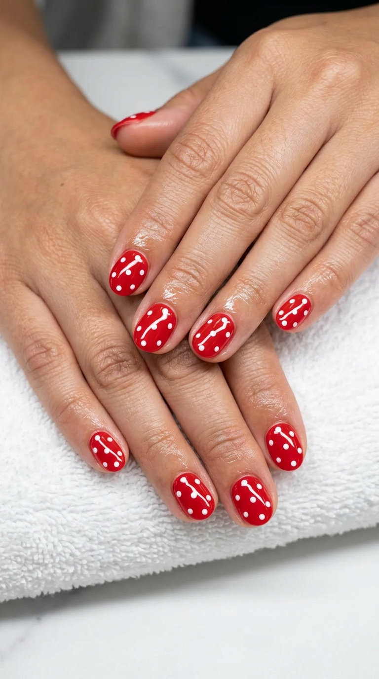 Bright red polka dot nails for summer red nails 2026, fun for picnics and casual outings.
