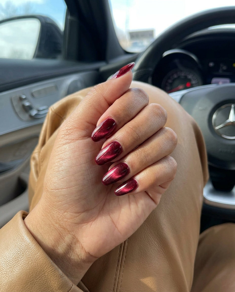 Sultry summer red nails 2026: ruby red cat-eye effect on long oval nails.
