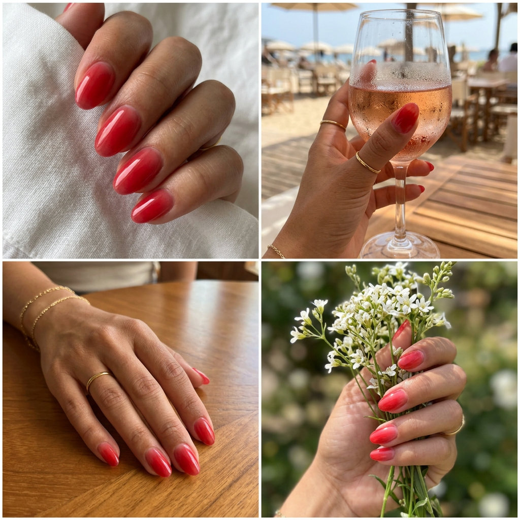 Sheer cherry red airbrushed gradient nails for a subtle daily look. Summer red nails 2026.