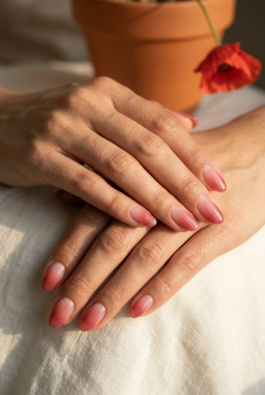 Sheer red gradient oval nails for summer red nails 2026, romantic for date nights.