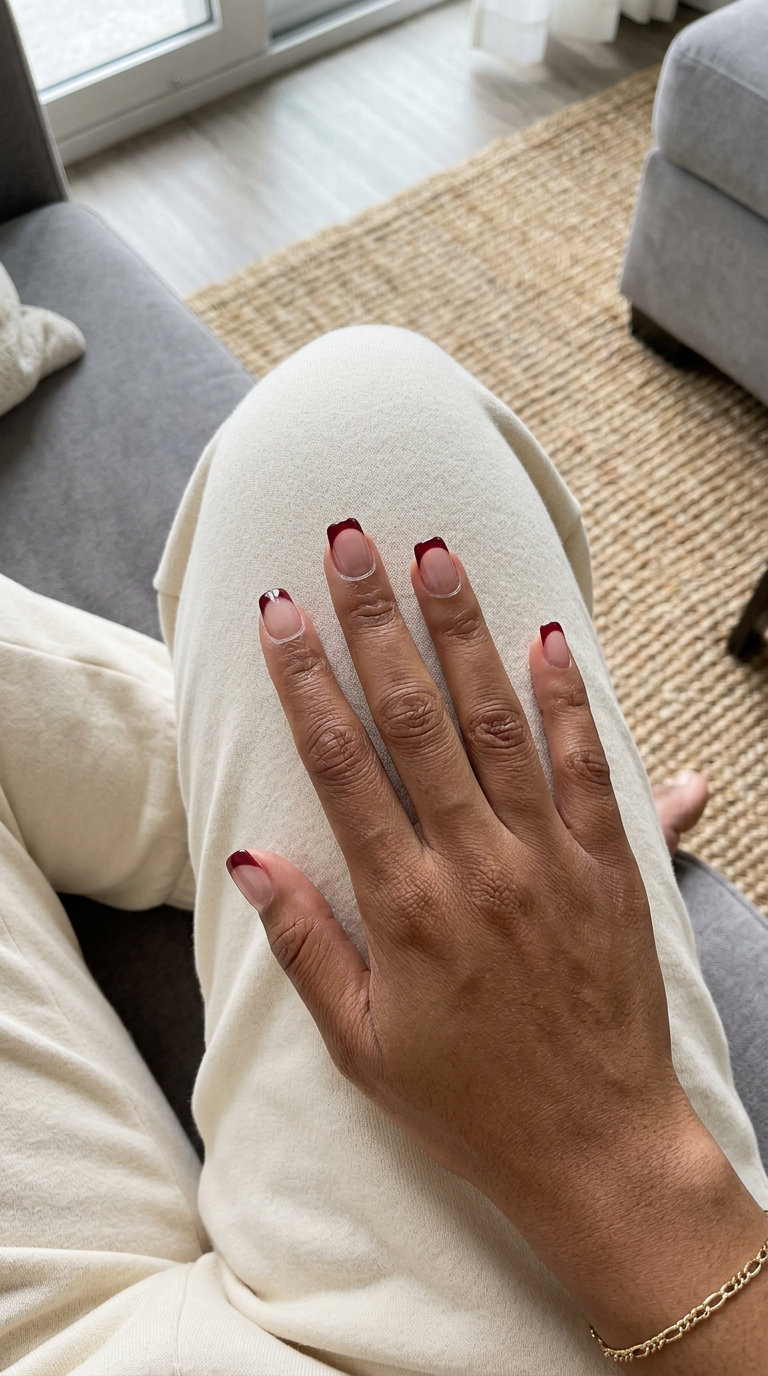 Wine red negative space French nails for summer red nails 2026, edgy and sophisticated.