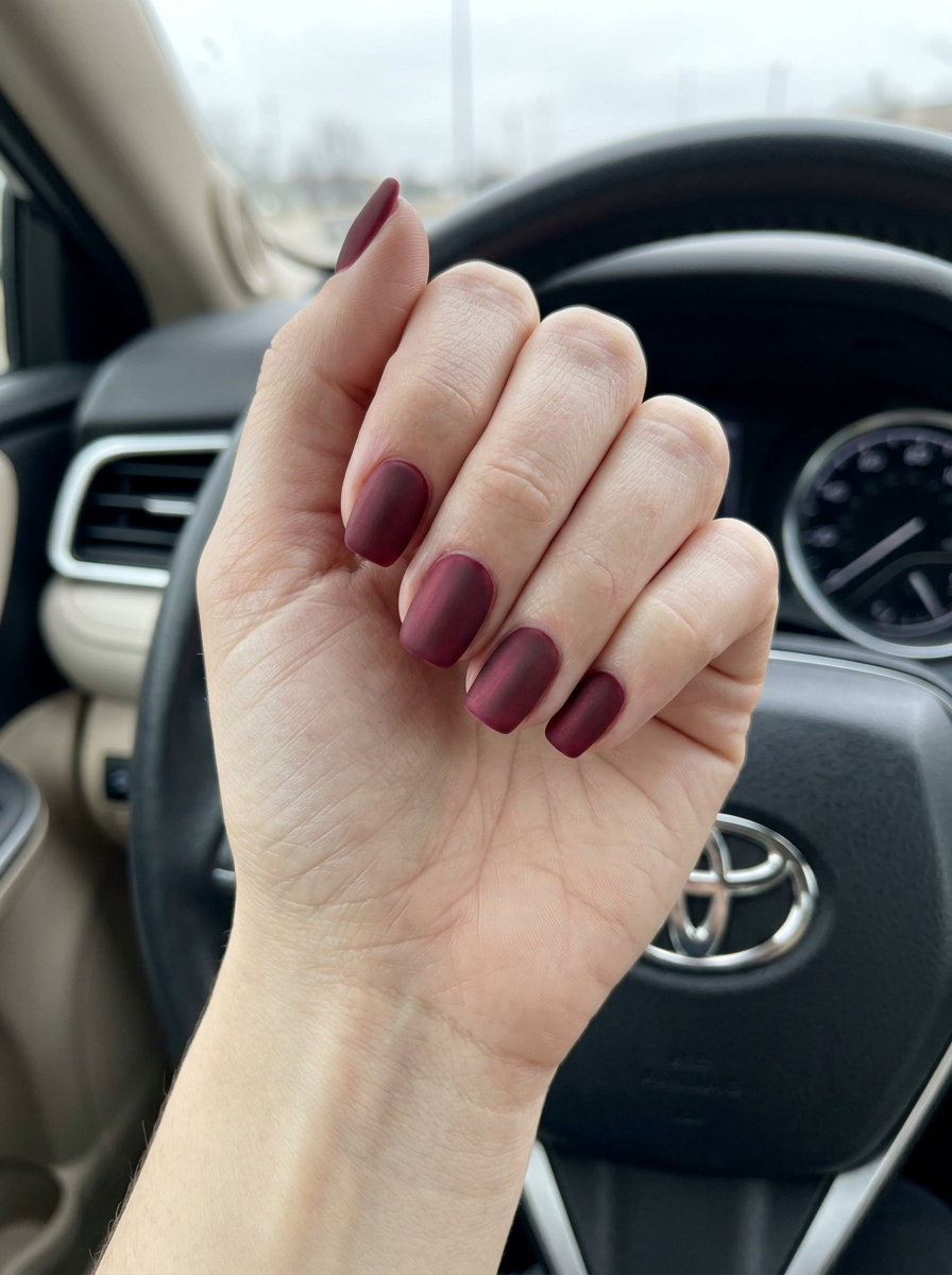 Deep wine velvet square nails for summer red nails 2026, sophisticated for daily wear.