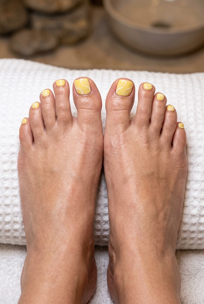 Butter yellow creamy sunshine swirls toenails for summer toe nails colors 2026. Playful, cheerful, abstract art.