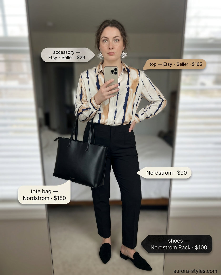 Art gallery outfit with abstract silk blouse, black pants, and structured tote for summer tote bag outfits for women 2026.