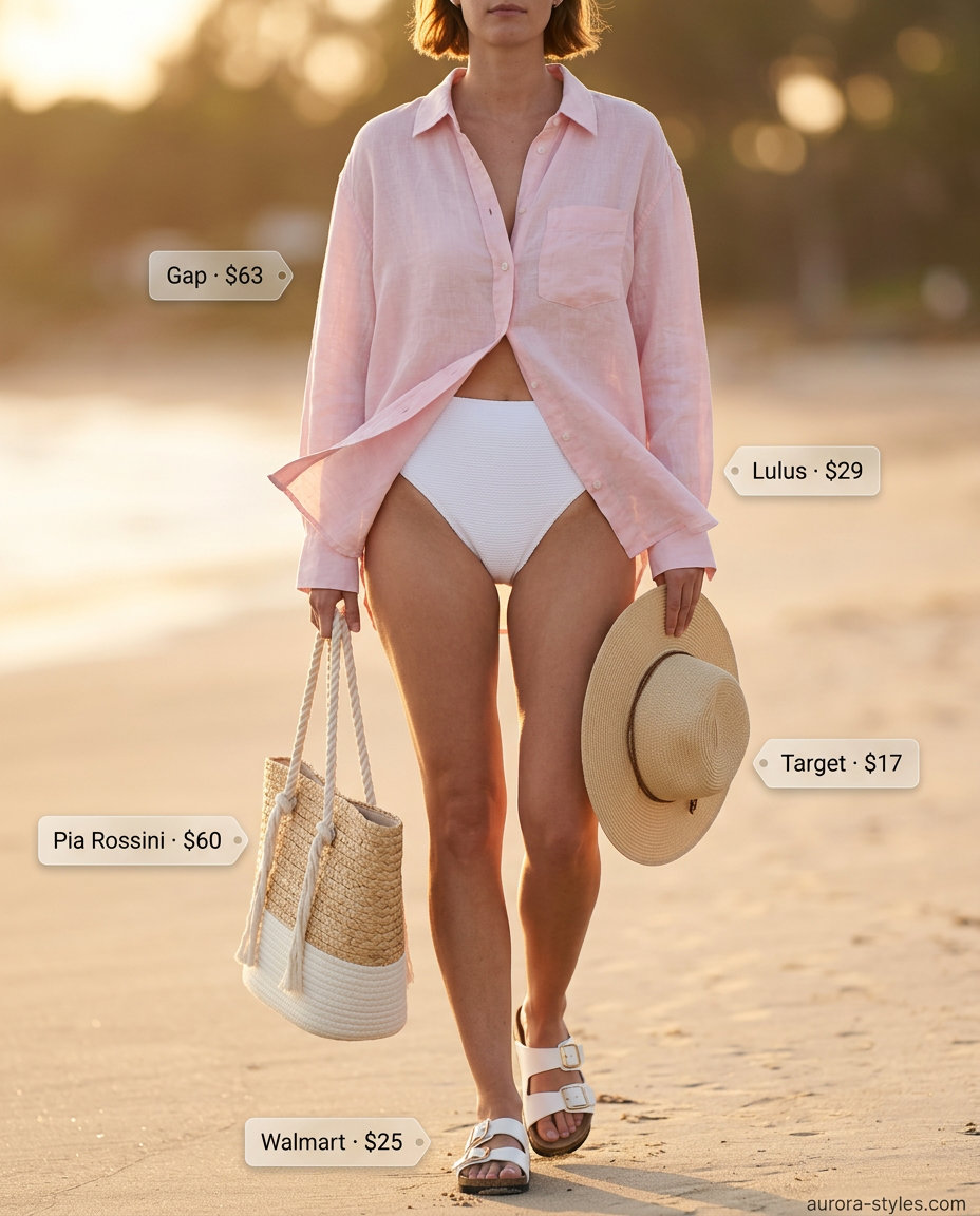 Summer tote bag outfit: Linen shirt, bikini bottoms, slide sandals, sun hat, and a straw beach tote bag.