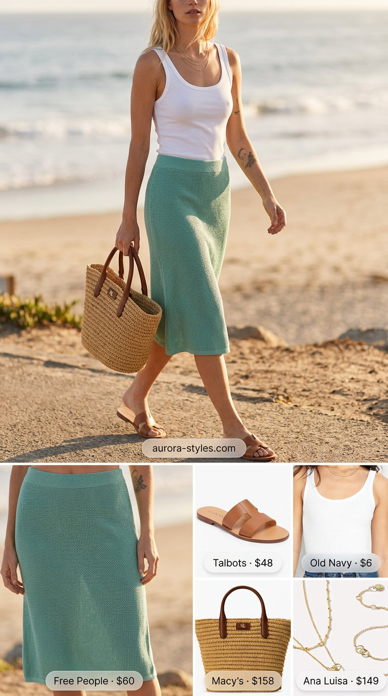Coastal breeze outfit with seafoam green skirt, white tank, and straw tote for summer tote bag outfits for women 2026.