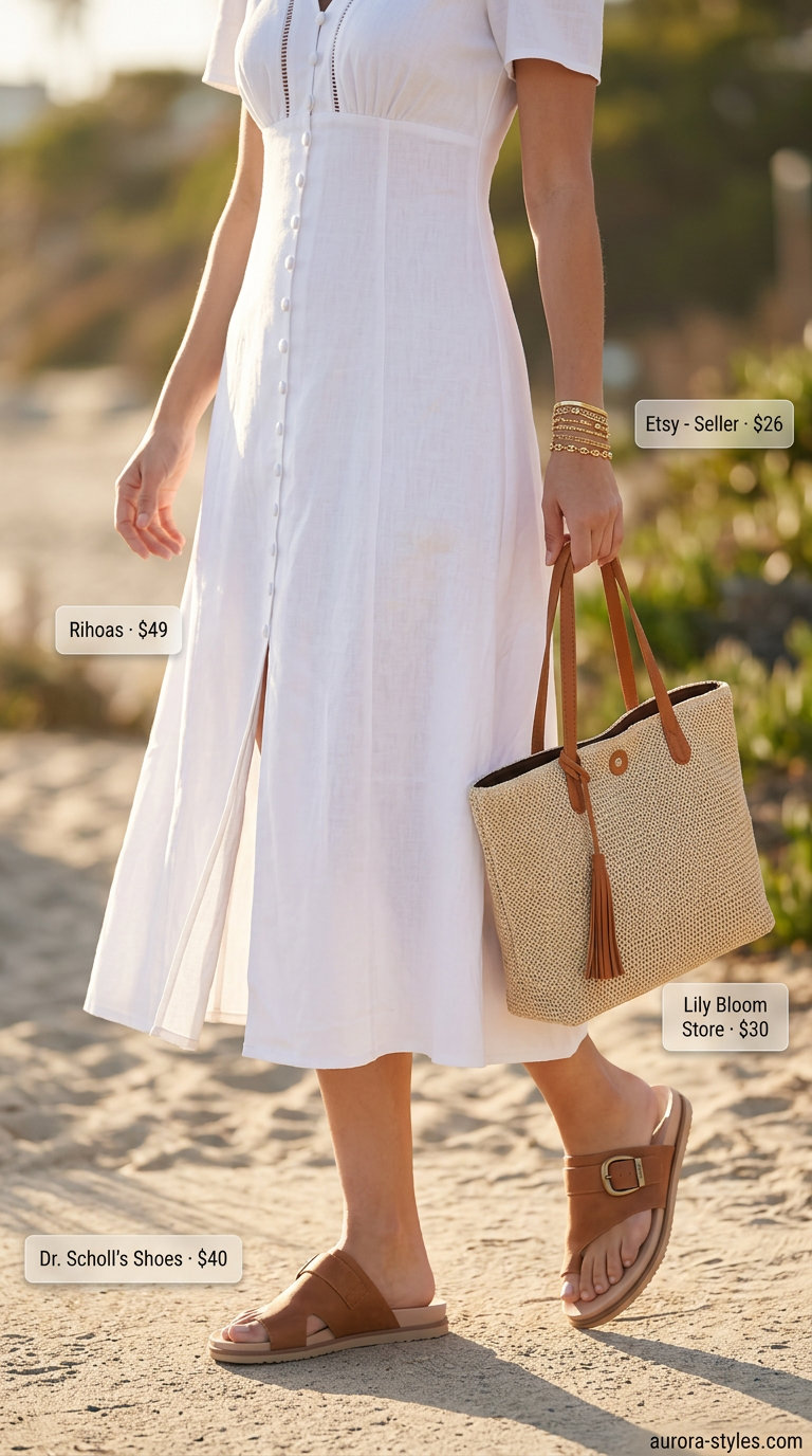 Summer tote bag outfit: White linen midi dress, gold bracelet, tan sandals, and a straw tote bag for beach days.