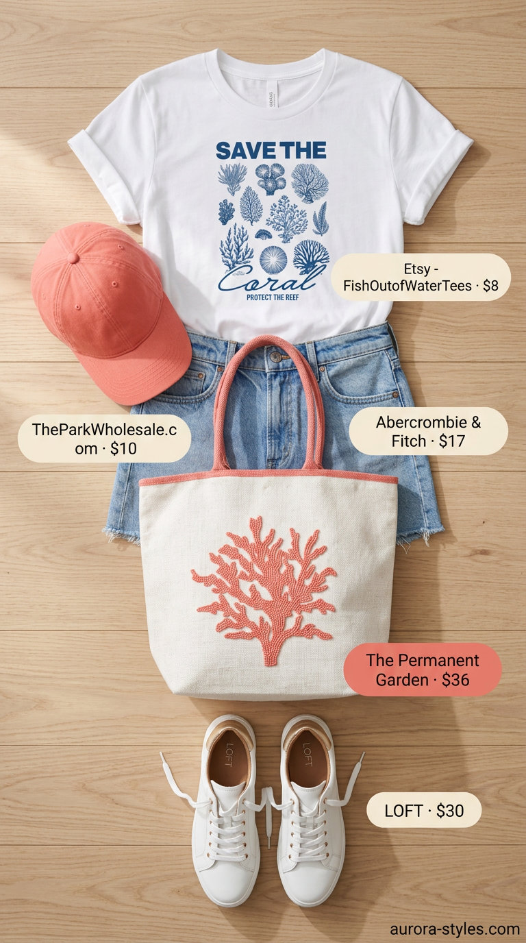 Summer tote bag outfit: Graphic tee, denim shorts, baseball cap, sneakers, and a canvas tote bag for market days.