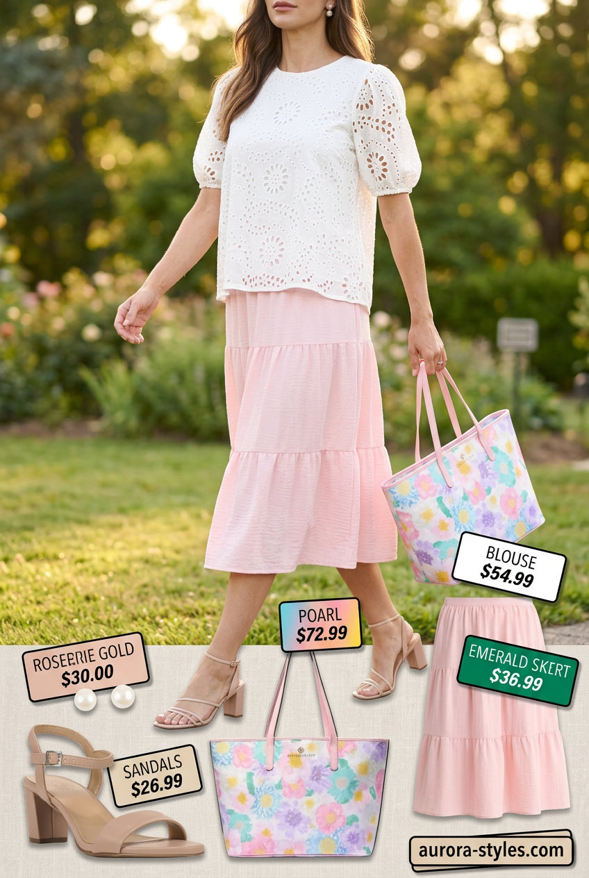 Summer tote bag outfit: Floral skirt, eyelet blouse, pearl earrings, block heels, and a floral canvas tote bag.