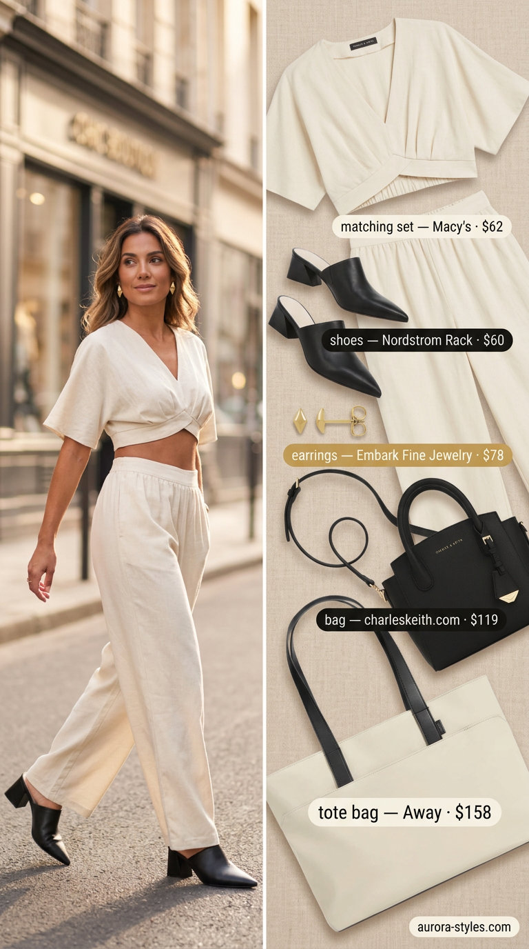 Modern minimalist ivory matching set with black mules and gold jewelry, perfect for summer tote bag outfits for women 2026.