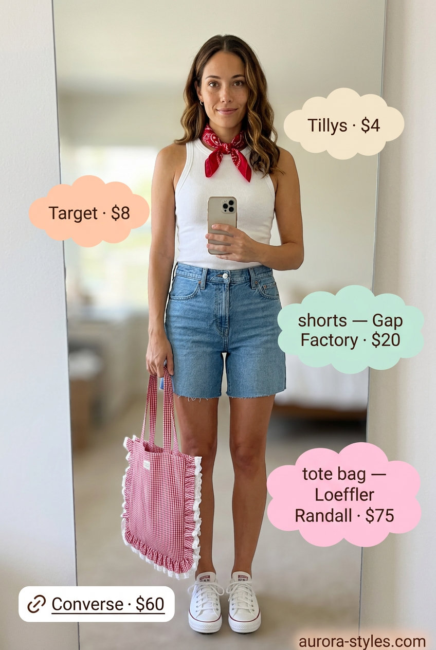 Picnic perfect outfit with gingham tote, denim shorts, and ribbed tank for summer tote bag outfits for women 2026.