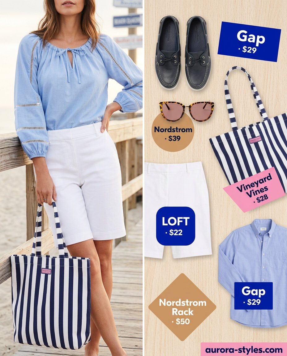 Summer tote bag outfit: Button-down shirt, Bermuda shorts, boat shoes, sunglasses, and a striped canvas tote bag.