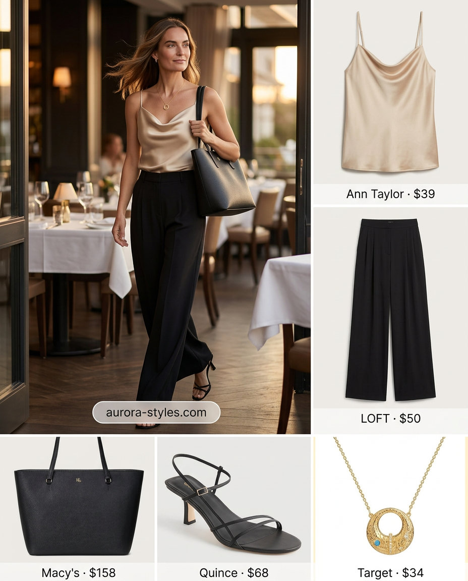 Elegant black and champagne satin outfit with a leather tote, ideal for summer tote bag outfits for women 2026 evening.