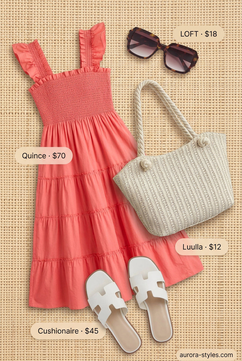 Vacation resort outfit with coral sundress and large woven tote for summer tote bag outfits for women 2026.