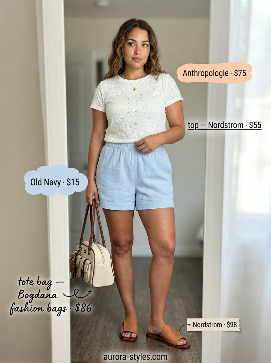 Weekend brunch outfit with linen shorts, eyelet top, and canvas tote for summer tote bag outfits for women 2026.