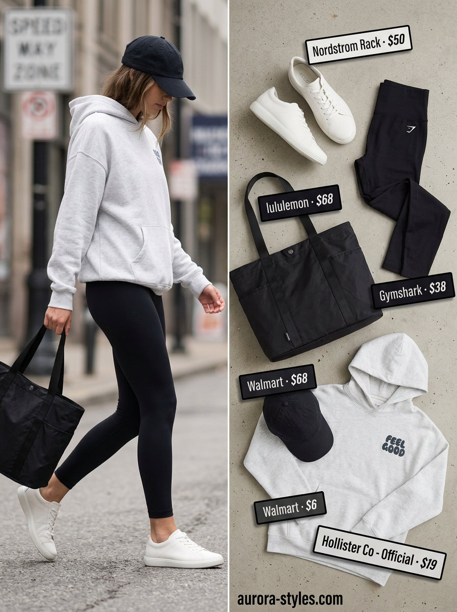 Athleisure outfit with black leggings, an oversized hoodie, and a black nylon tote bag for 2026.