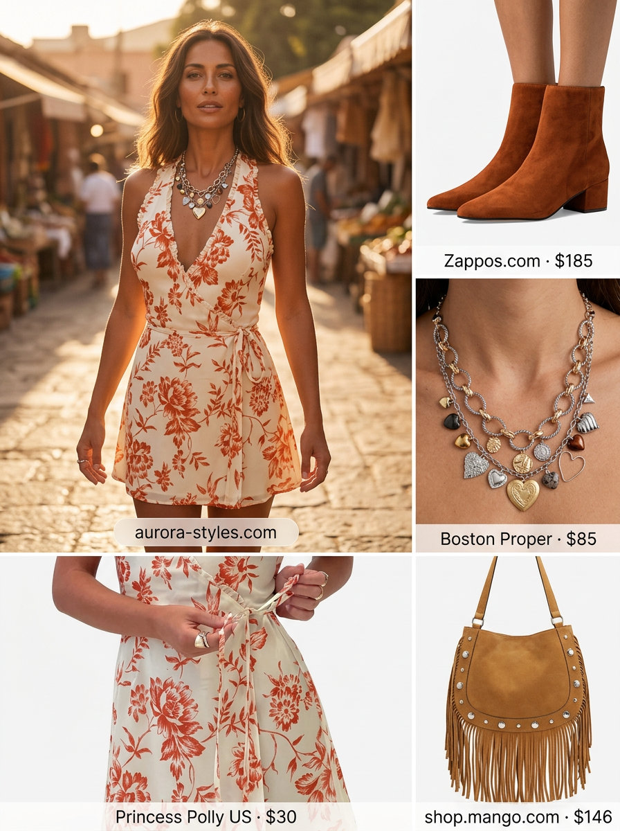 Boho festival outfit with a rust orange suede tote bag, floral mini dress, and suede ankle boots for 2026.