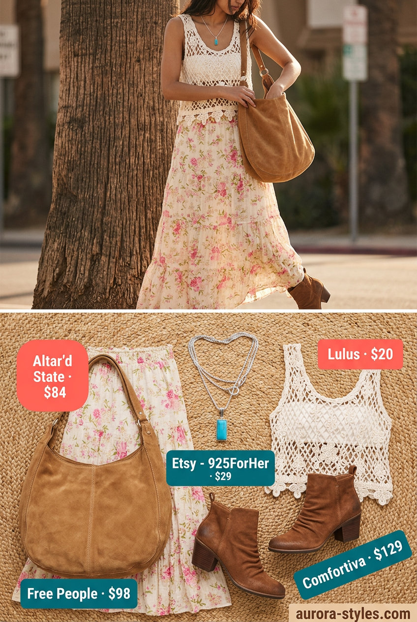 Bohemian festival wear with a muted floral maxi skirt, crochet top, suede tote bag, and ankle boots for 2026.