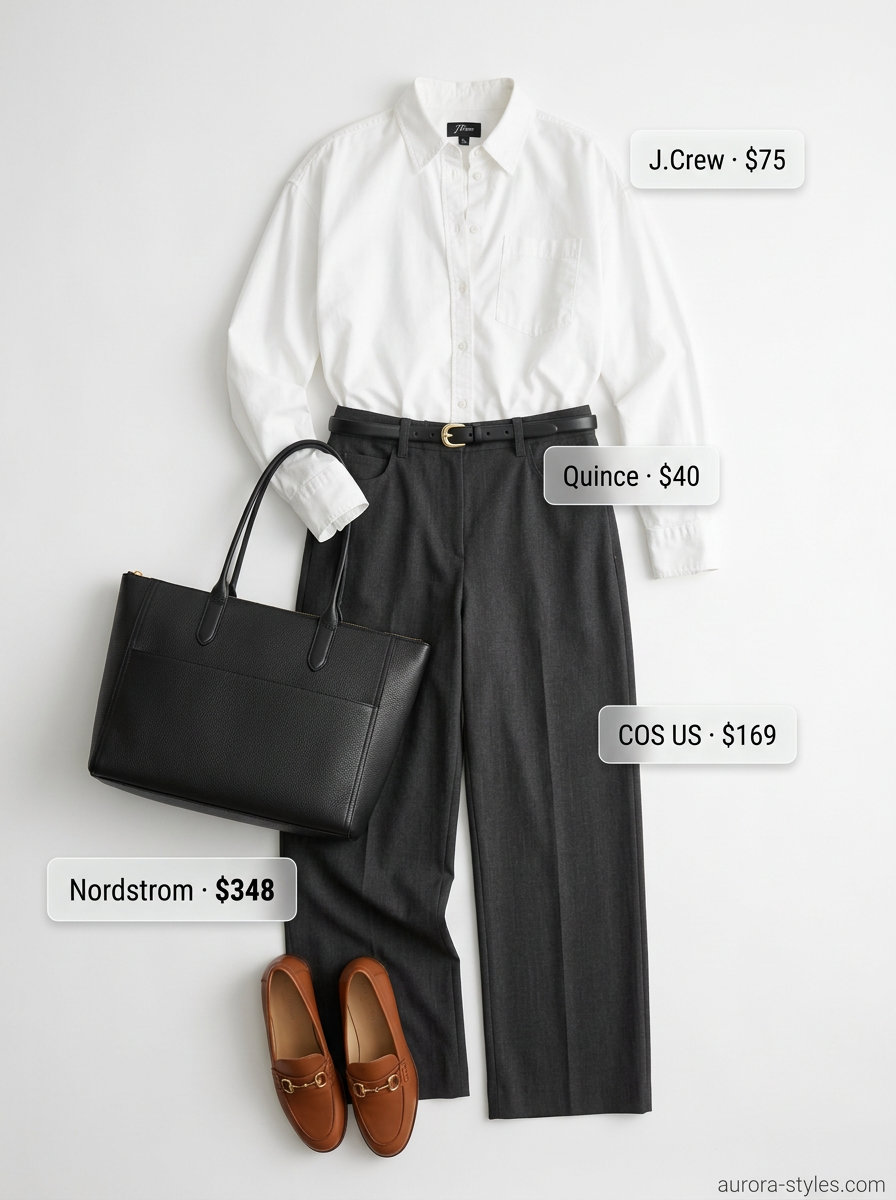Chic city outfit with wide-leg trousers, an oversized shirt, and a structured black leather tote bag for 2026.