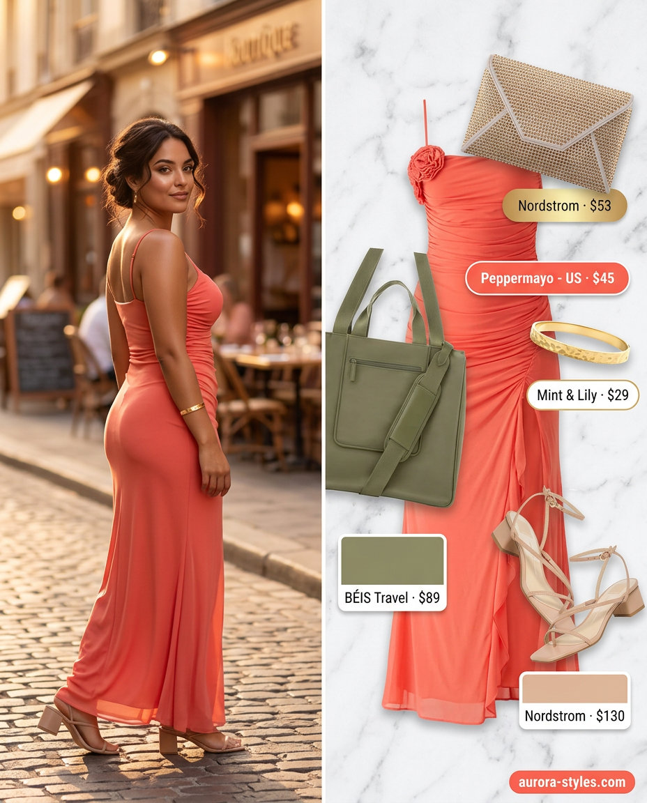 Romantic evening outfit with a coral maxi dress, gold jewelry, and a versatile tote bag for 2026.