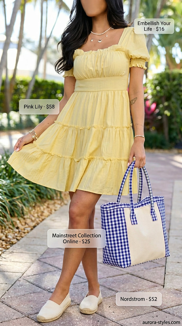 Picnic perfect outfit with a yellow babydoll dress, gingham tote bag, and canvas espadrilles for 2026.