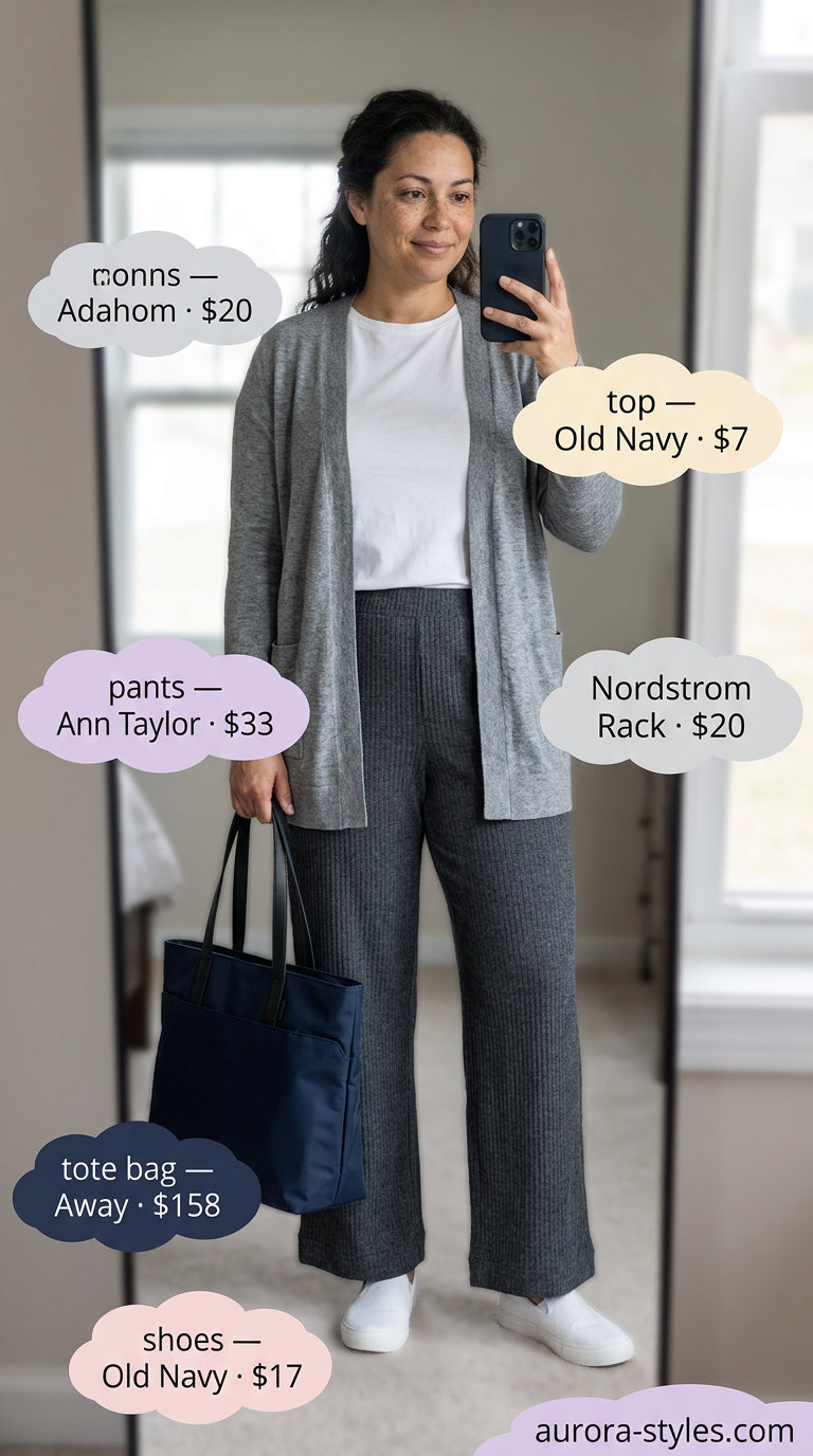 Comfortable travel outfit with wide-leg pants, a knit cardigan, and a navy travel tote bag for 2026.