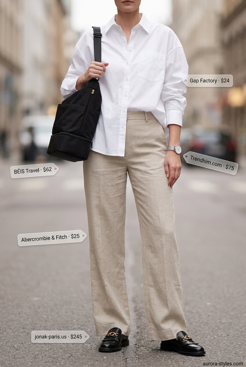 Urban explorer outfit with tailored trousers, an oversized shirt, and a sleek black nylon tote bag for 2026.