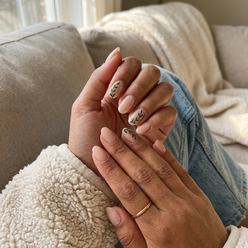 Botanical Nude Art Almond nails with sheer milky nude and forest green lines for summer vibes nails 2026.