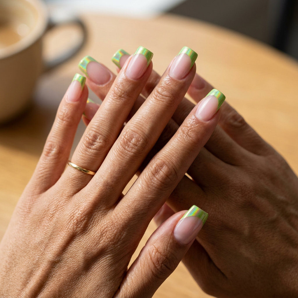 Holographic lime green French tip stiletto nails for playful summer vibes nails 2026 festival.