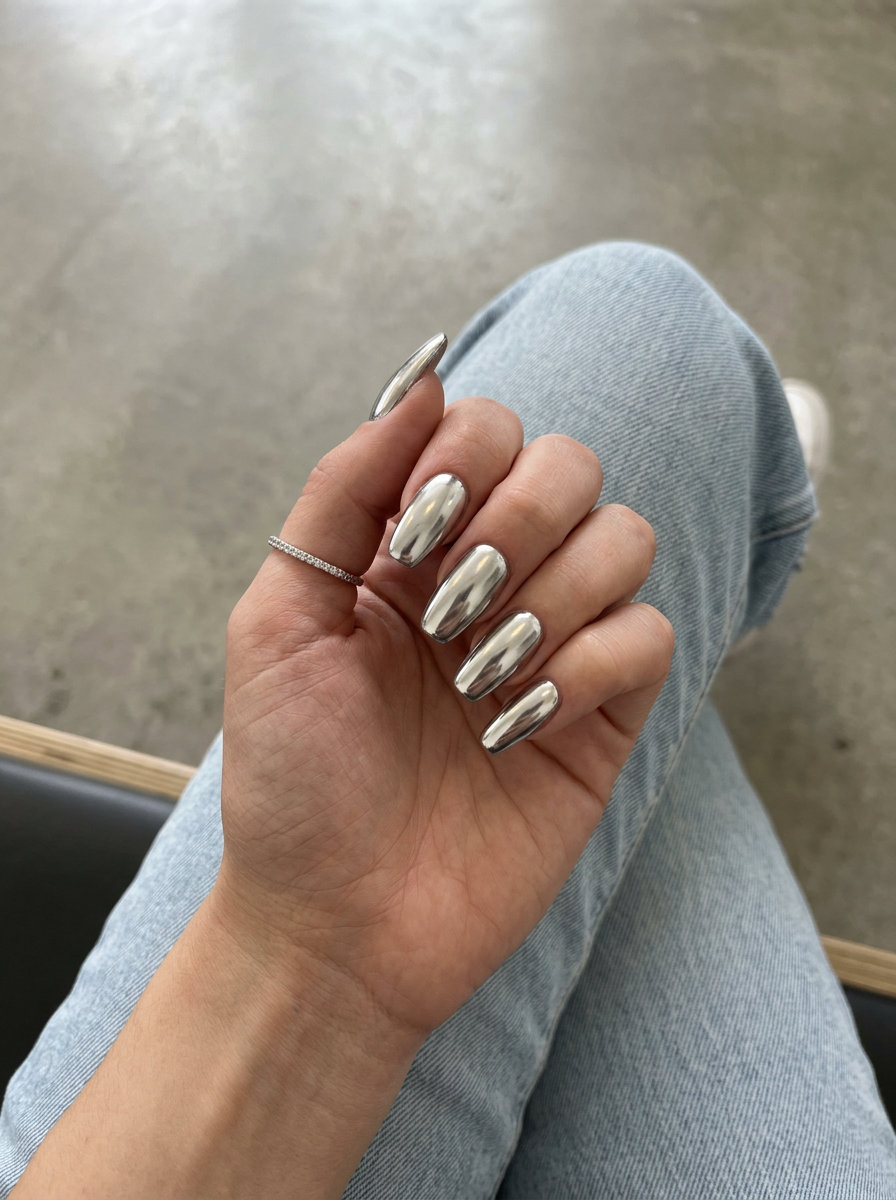 Liquid silver chrome coffin nails for futuristic glamorous summer vibes nails 2026 party.