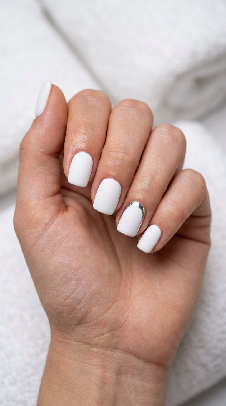 Lunar Chrome Accents nails with pure white and silver chrome for summer vibes nails 2026.