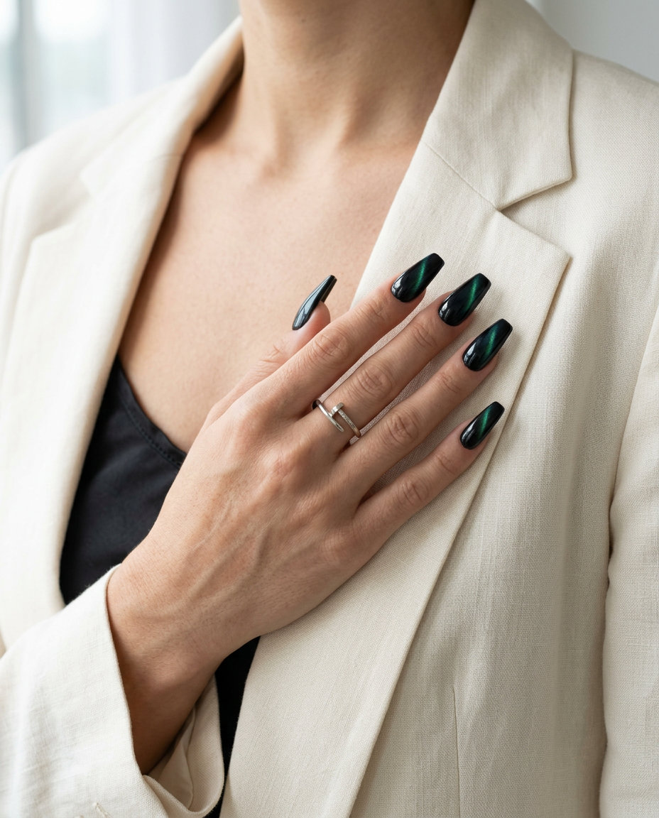Midnight Cat-Eye Mystique Coffin nails with deep black and emerald green/blue shift for summer vibes nails 2026.