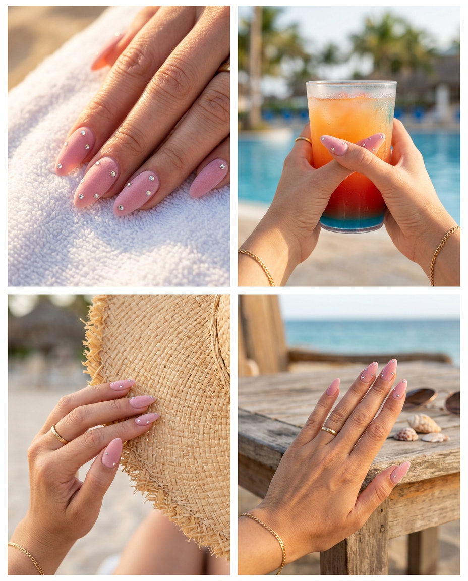 Pink velvet sparkle coffin nails with rhinestones for elegant summer vibes nails 2026 wedding.