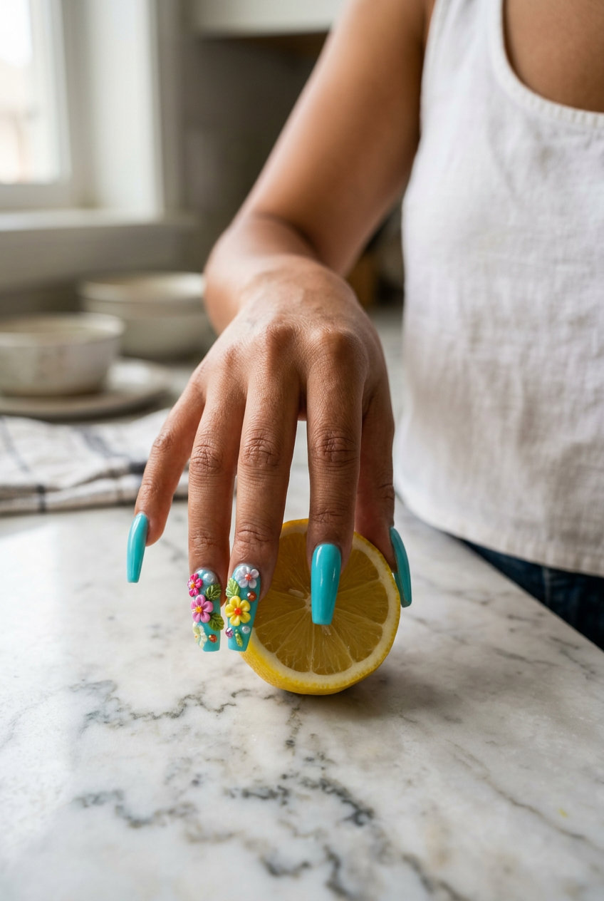 Tropical bloom 3D charms on vivid aqua coffin nails for maximalist summer vibes nails 2026 vacation.