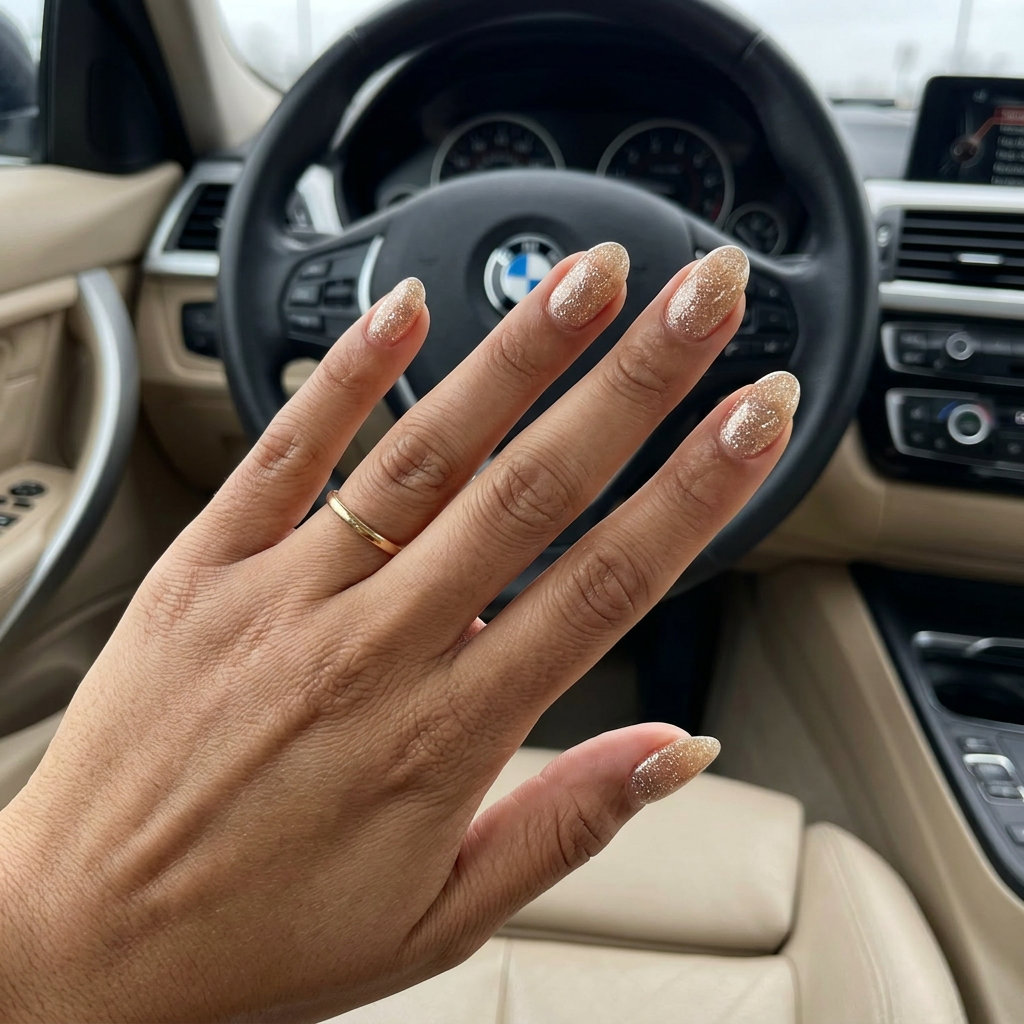 Glamorous champagne shimmer bridal almond nails for summer wedding nails 2026.