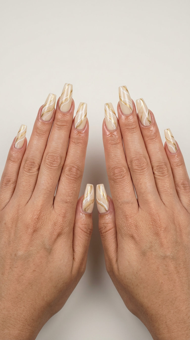 Chic marble art nails with gold accents for luxurious summer wedding nails 2026.