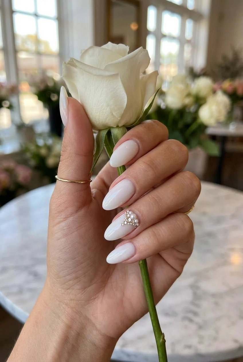 Opaque milky white nails with crystal rhinestone accents for summer wedding nails 2026.