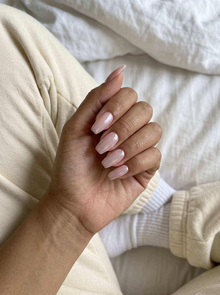 Ethereal chrome nails: sheer pink gel with iridescent dust for summer wedding nails 2026.