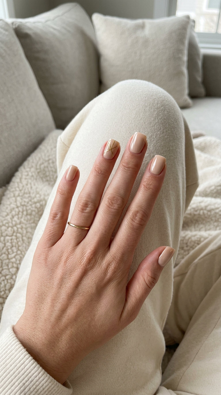 Minimalist golden geometry on opaque beige nails, ideal for summer wedding nails 2026.