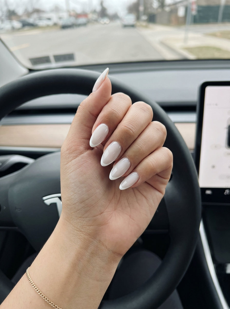Milky white micro French almond nails, timeless elegance for summer wedding nails 2026.