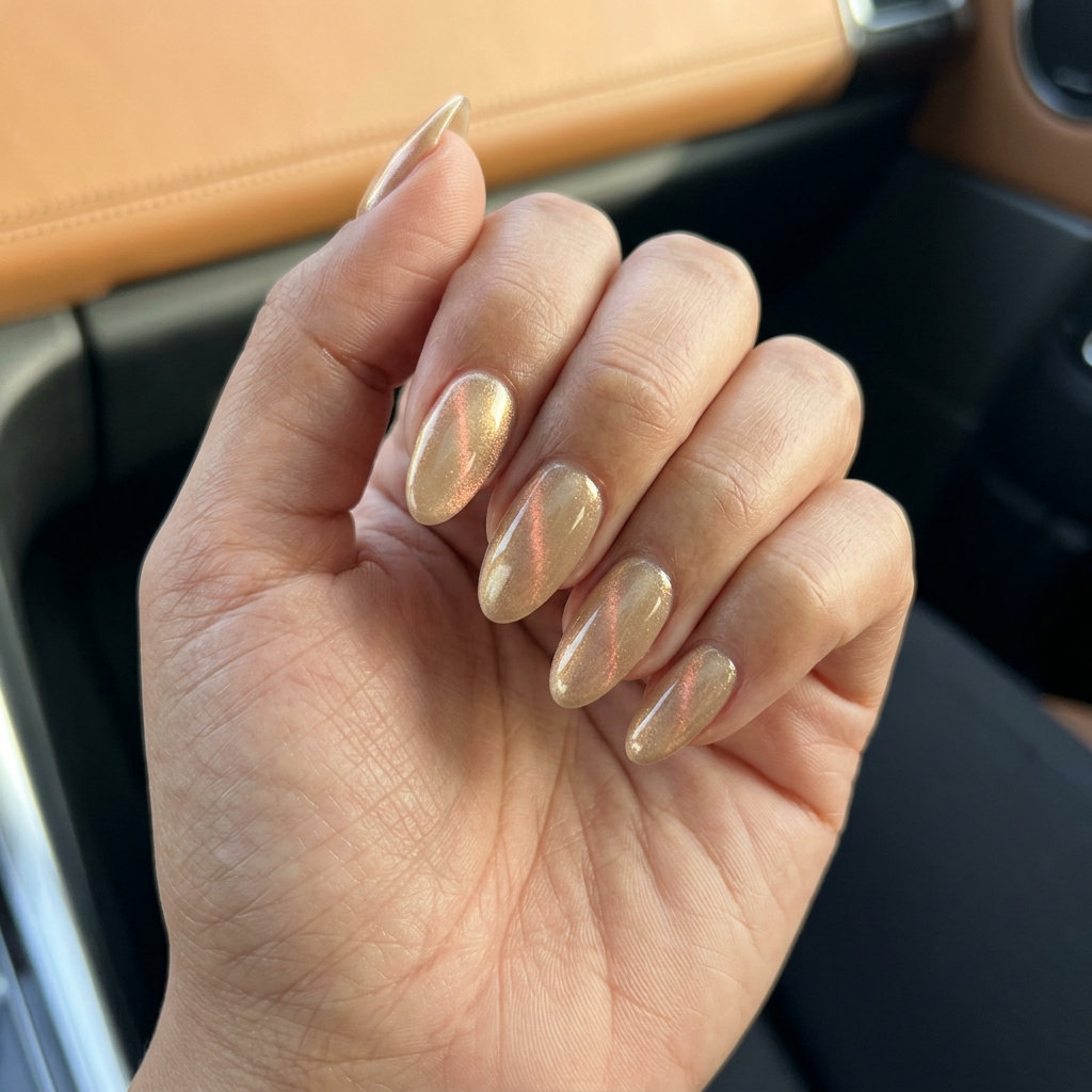 Mystic gold cat-eye almond nails, a glamorous choice for summer wedding nails 2026.