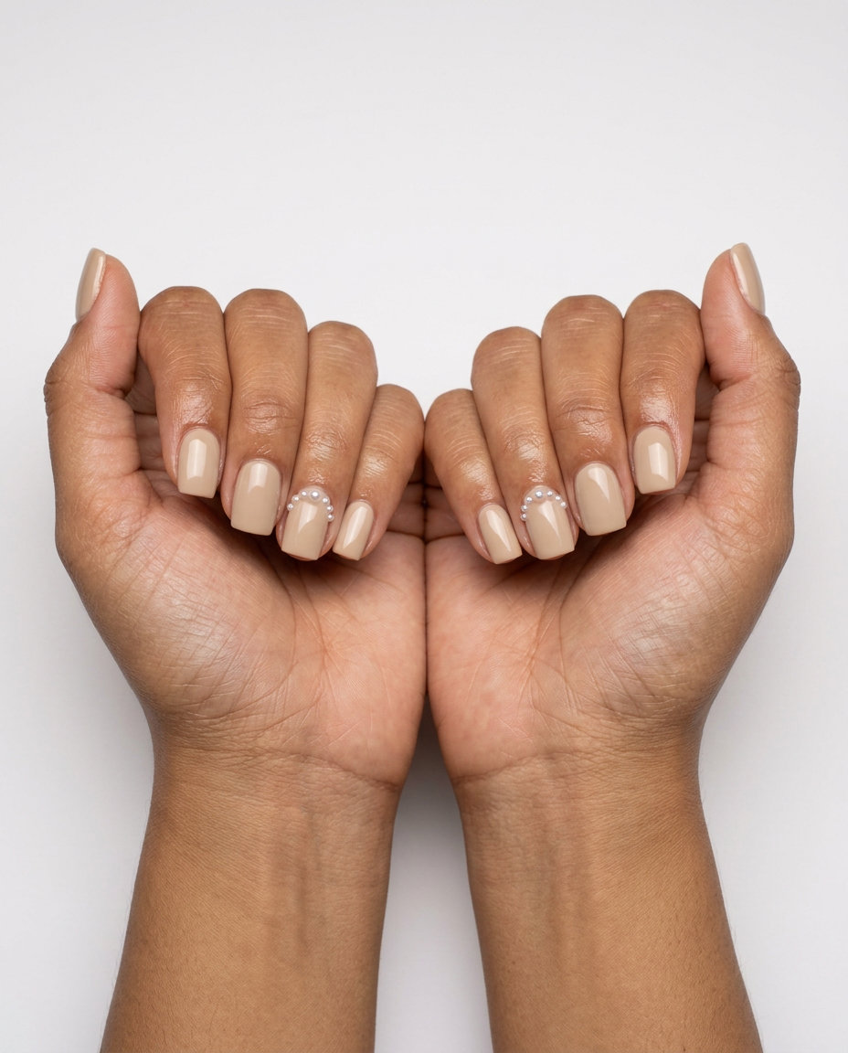 Soft square nails in opaque beige with 3D pearl embellishments, perfect for summer wedding nails 2026.